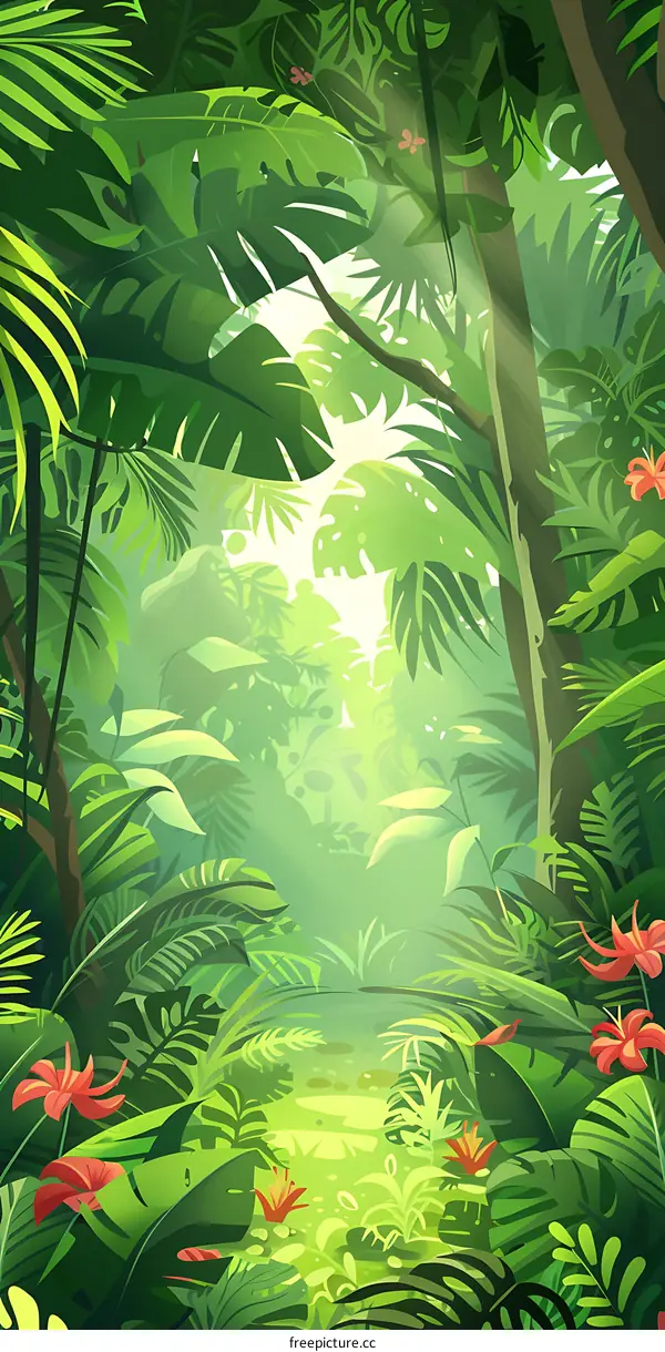 Tropical Jungle Illustration with Lush Green Foliage and Sun Rays