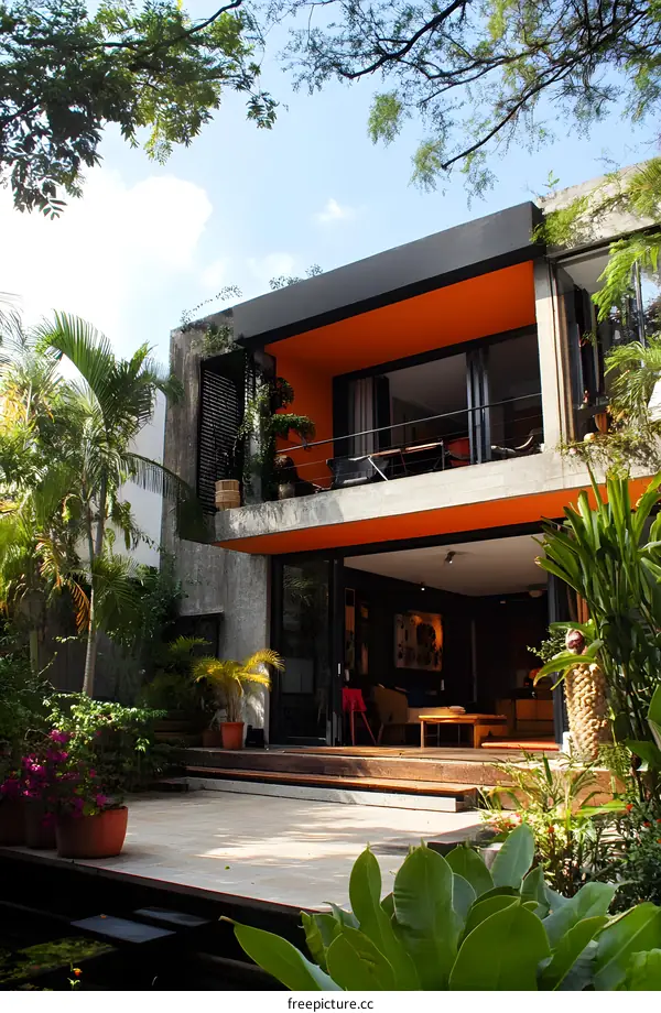 Modern House with Orange Roof and Balcony