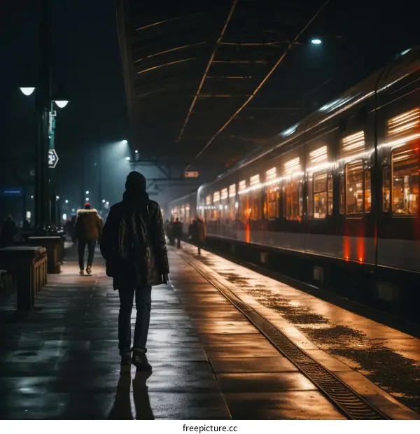 Man walking alone at night on a train station platform