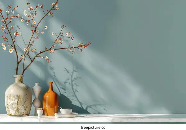 Minimalist Still Life with Cherry Blossom Branch and Vases