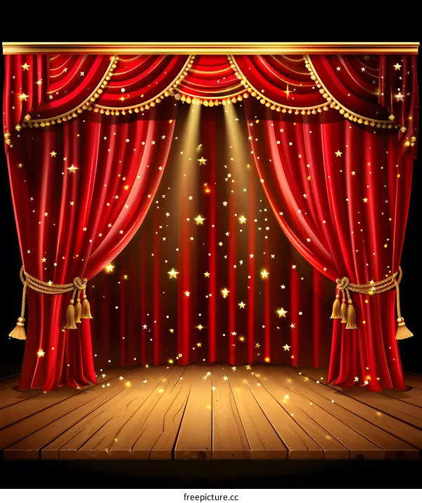 Red Stage Curtains With Golden Stars And Wooden Floor