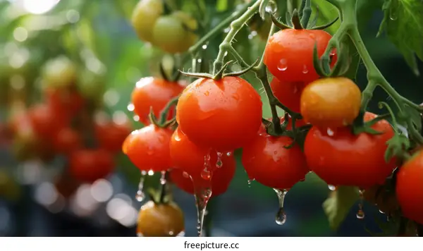 Close-up Image of Vine-Ripened Tomatoes Dotted with Water Drops