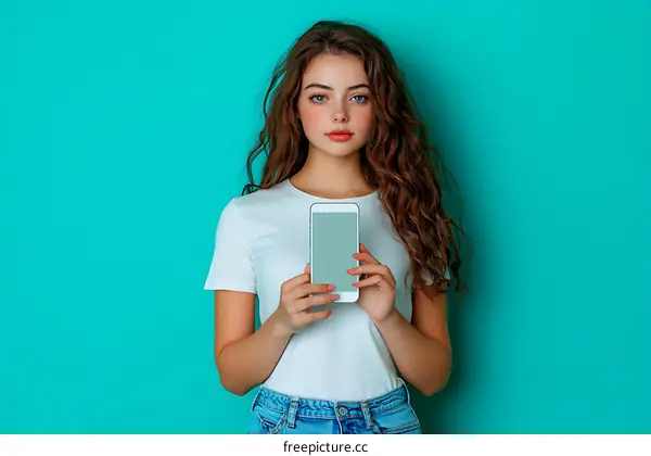 Young Woman Holding a Smartphone against a Teal Background