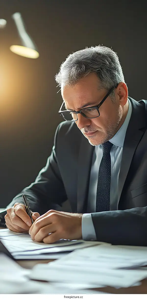 Businessman Signing Contract at Desk in Office