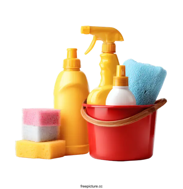 [Transparent Background PNG]Cleaning Supplies in a Red Bucket