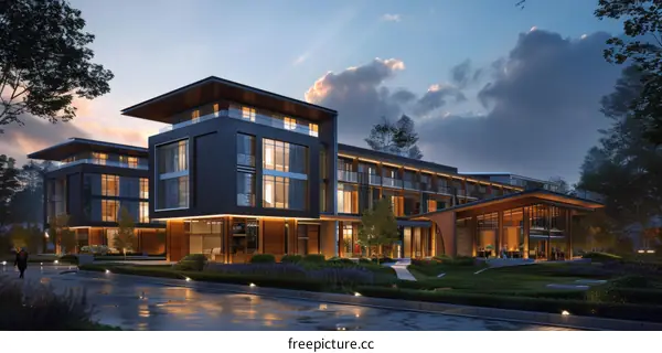 Modern Architectural Design of a Hotel Complex at Dusk