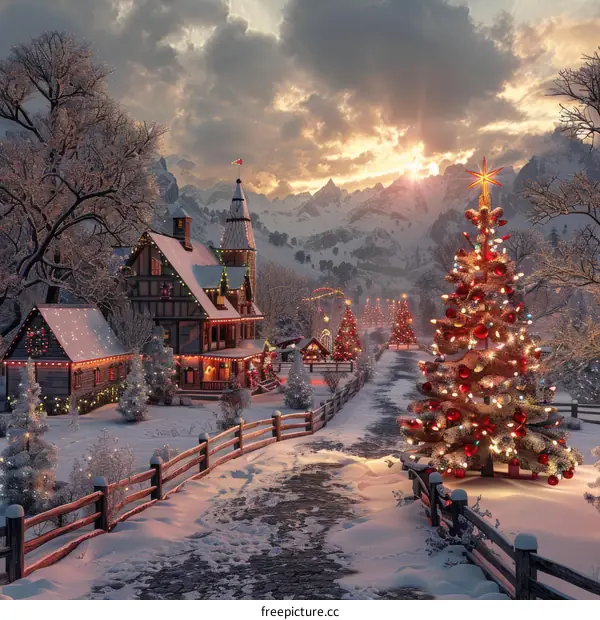 Peaceful Christmas Village Nestled in Snow-Covered Mountains