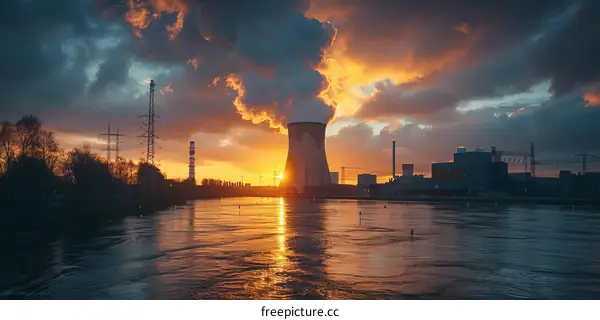 A nuclear power plant at sunset with a river in front