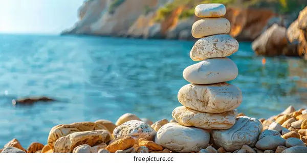 Stack of Rocks on the Beach with the Sea