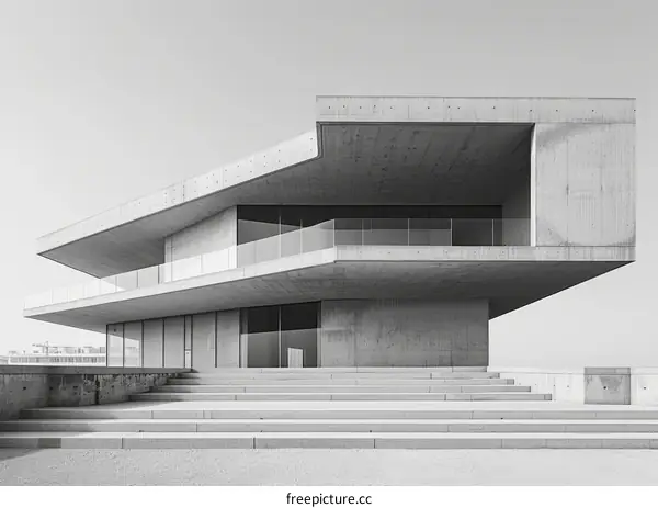 Black and white photo of a brutalist concrete building