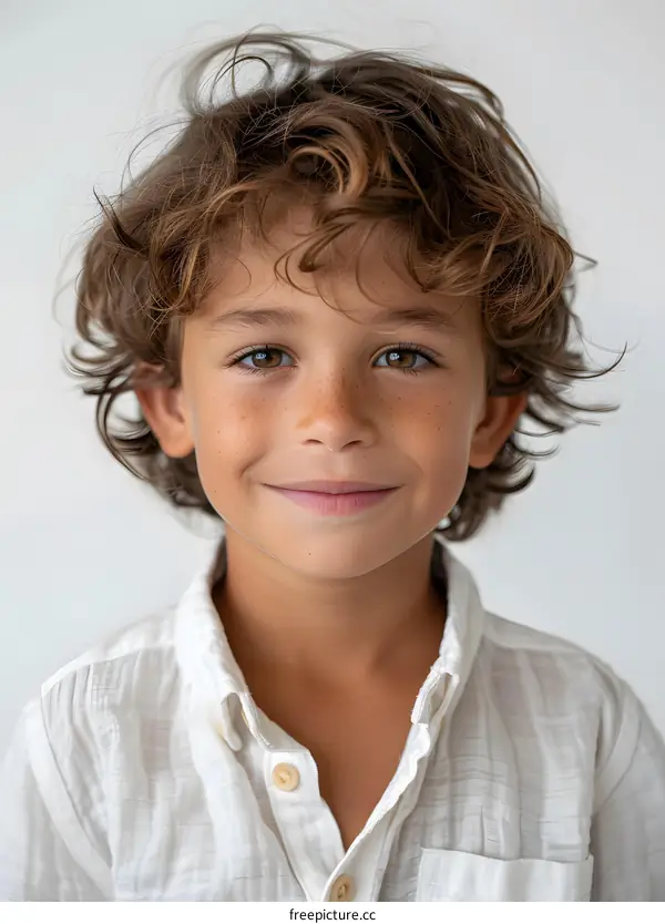 Portrait of a happy smiling boy with freckles and curly brown hair