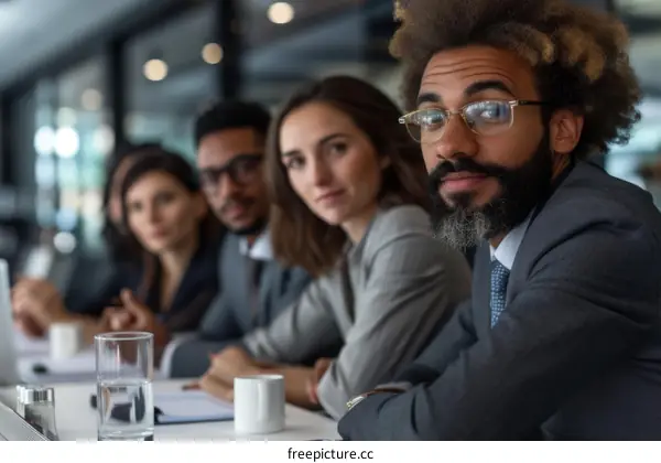 A group of people of different ethnicities are sitting at a table having a meeting.