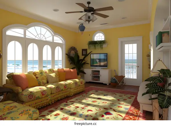 Coastal Living Room Interior Design with Yellow Walls and Arched Windows