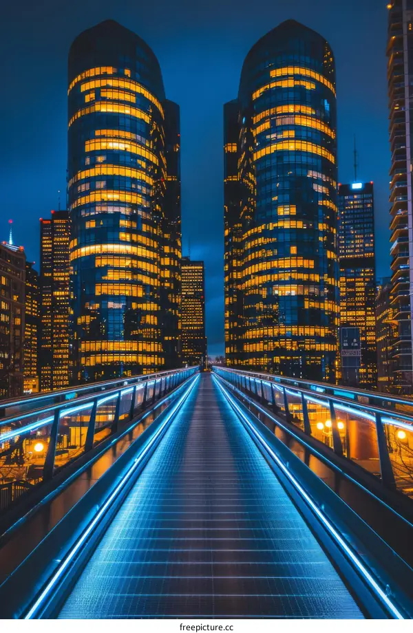 Illuminated Glass Walkway through Modern Urban Skyscrapers at Night