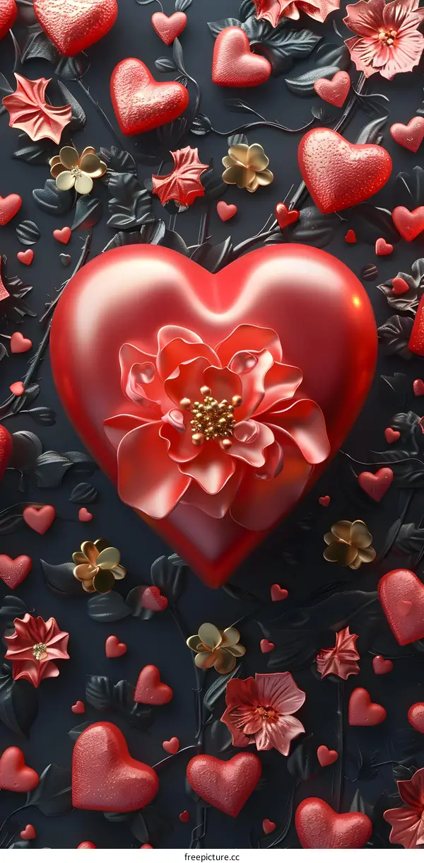 3D Embossed Red Heart Flower