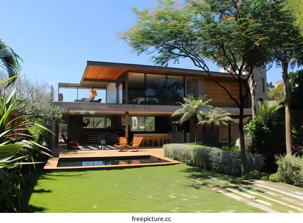 Modern Architecture Home with Pool and Lush Greenery