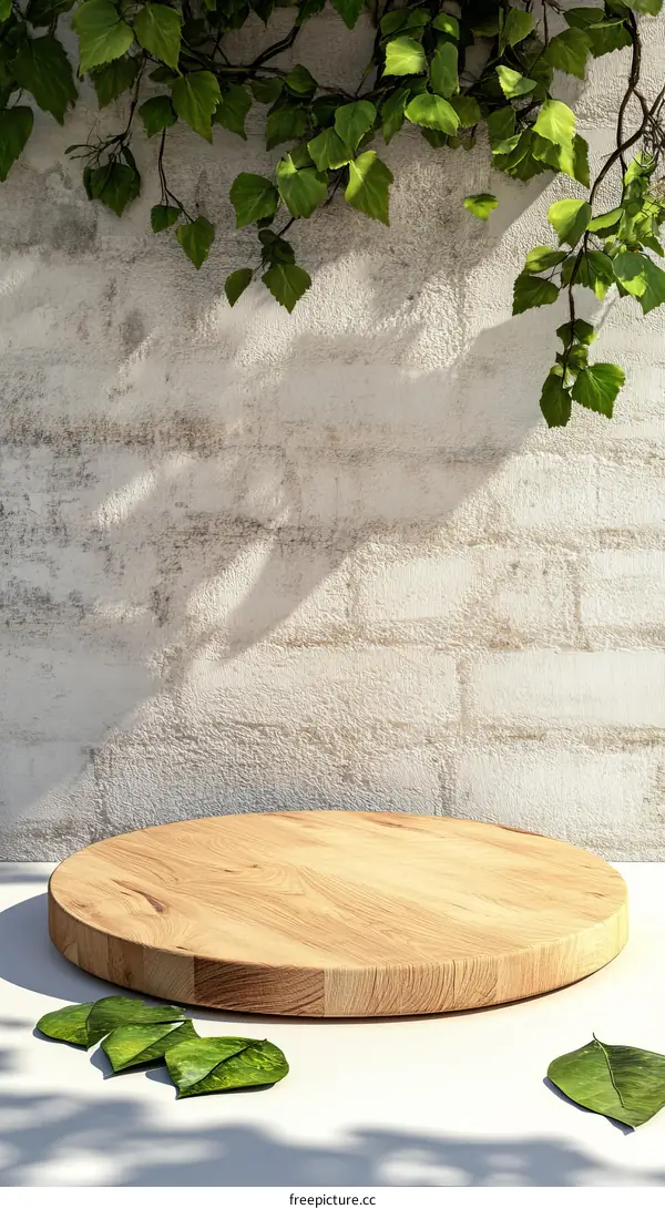 Wooden Display Platform with Green Leaves