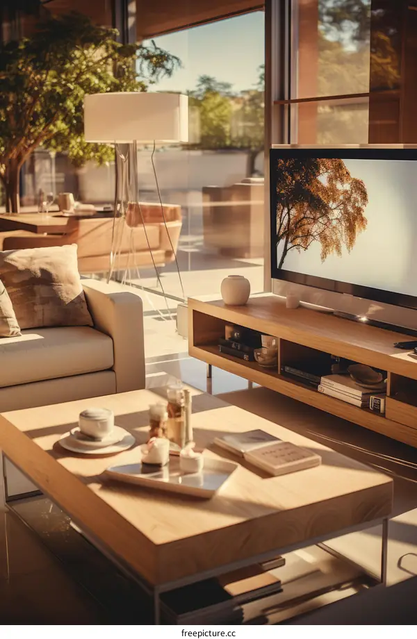 Bright Living Room with Large Windows and Wooden Furniture