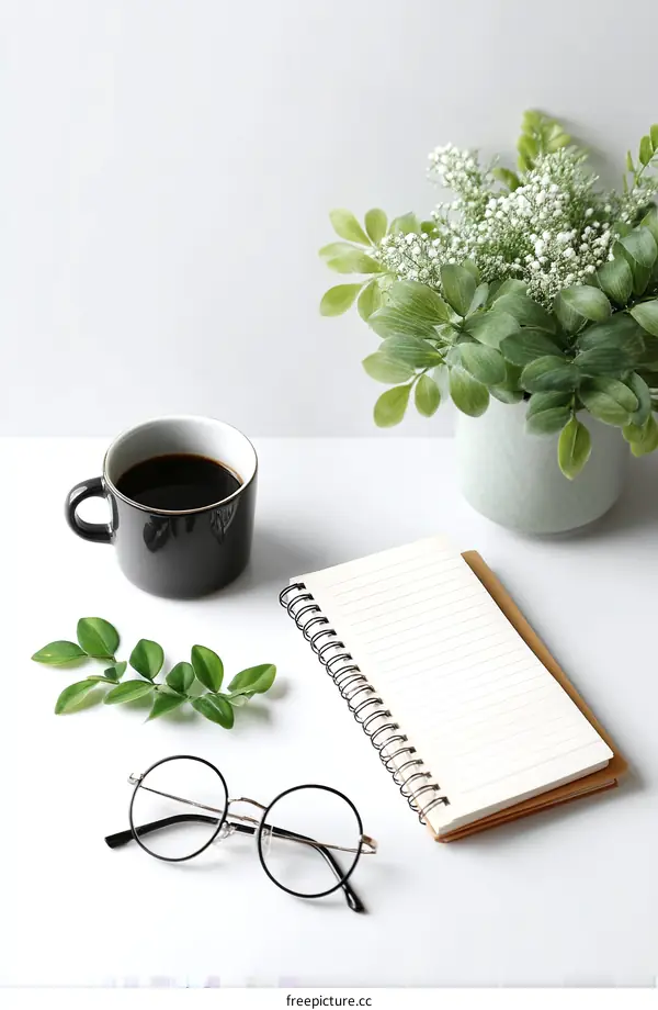 Simple Workspace with Coffee Cup, Notebook, and Glasses