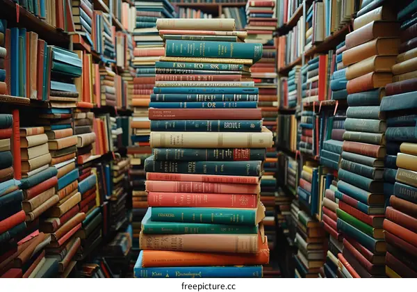 A towering stack of books in a library with bookshelves on all sides