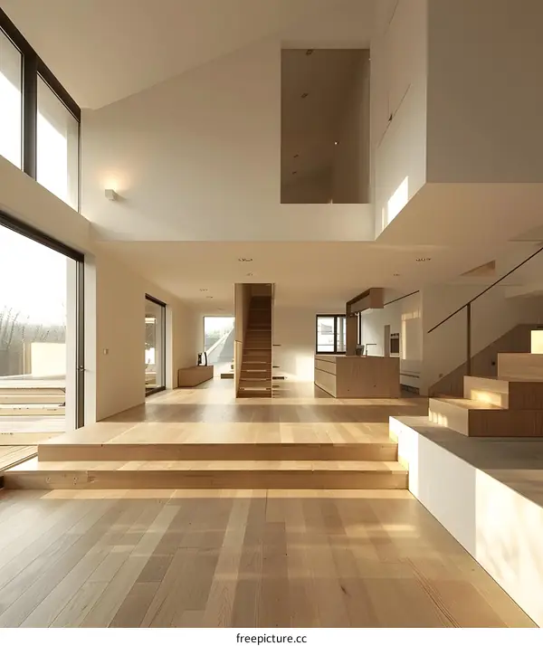 Modern Minimalist Home Interior Design with Wooden Stairs and Large Windows
