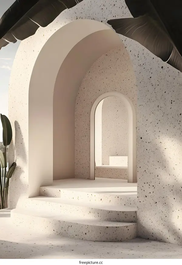 Minimalist Archway With Steps and Palm Leaves