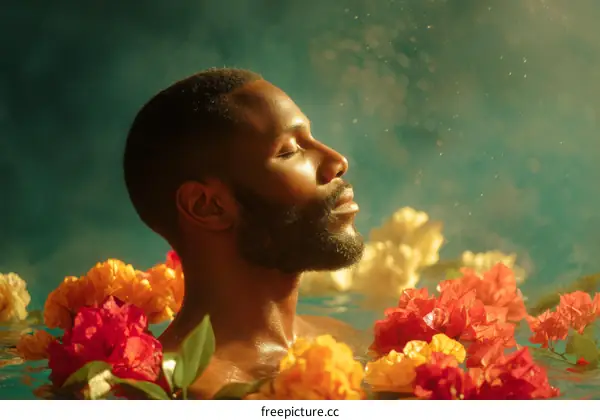 Relaxing Black Man Surrounded by Flowers in Water