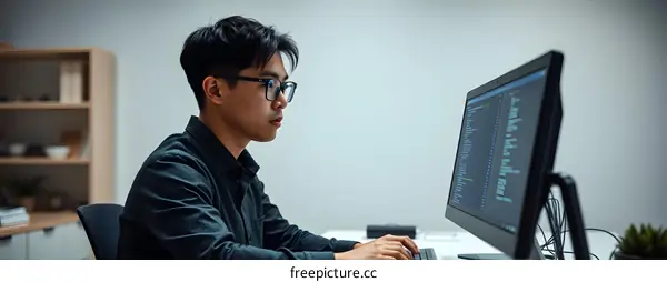 Asian Man Working on Computer at Desk