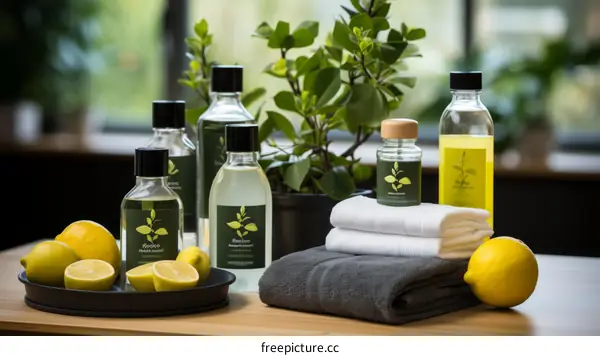 A variety of natural cleaning products are displayed on a wooden table.