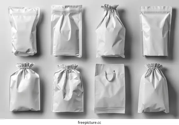 White plastic bags and paper bags of different shapes and sizes