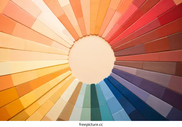 Colorful wooden sticks arranged in a circle on a beige background