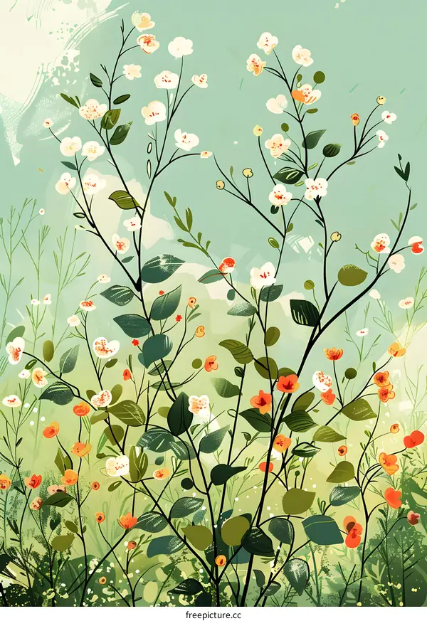 White and Orange Flowers Green Leaves Illustration