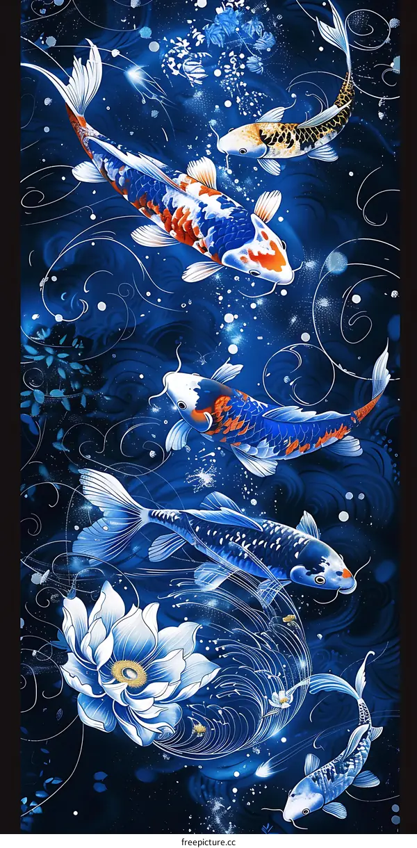 Blue Koi Fish Painting With Lotus Flowers