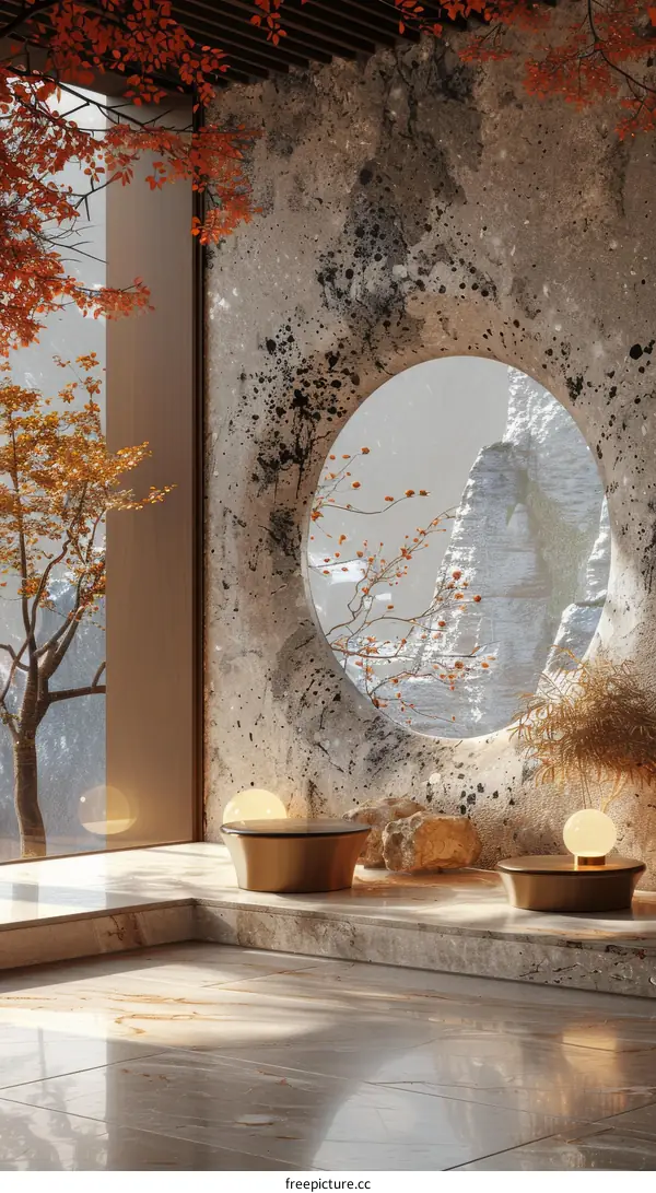 Tranquil Zen Interior with Round Window and Autumnal Mountain View