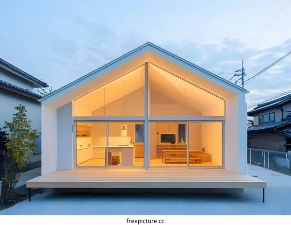 Modern White House with Large Windows and Wooden Deck