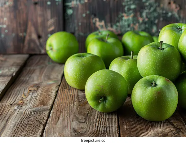 Fresh Green Apples Piled on a Wooden Table