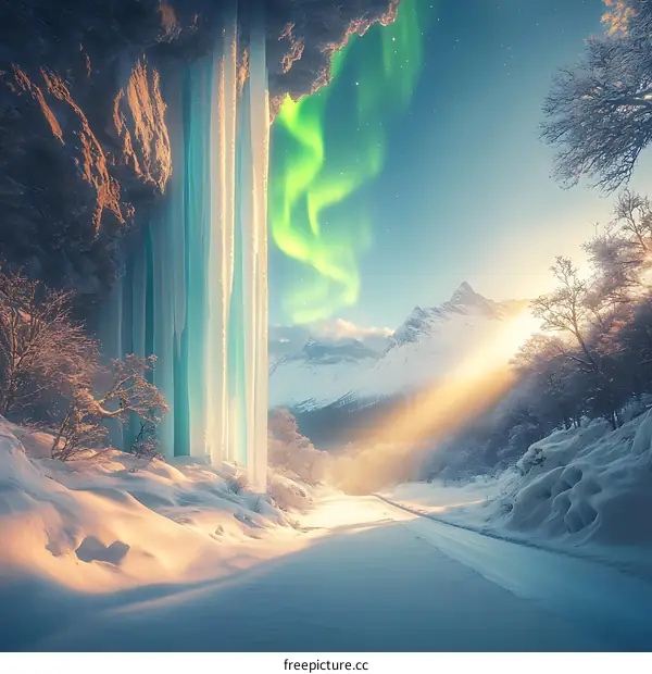 Winter Landscape with Aurora Borealis and Icicles