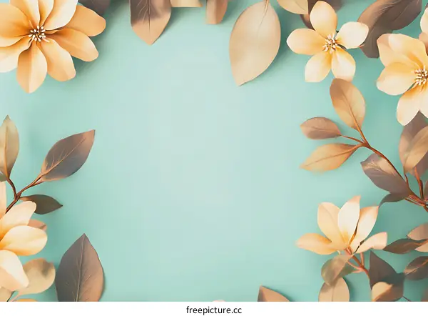 Golden Flowers And Green Leaves On A Turquoise Background