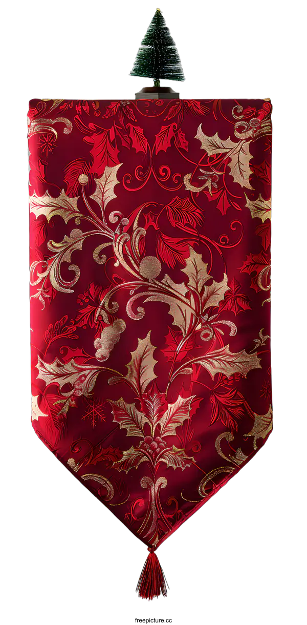 [Transparent Background PNG]Red Christmas Table Runner with Gold Holly Pattern