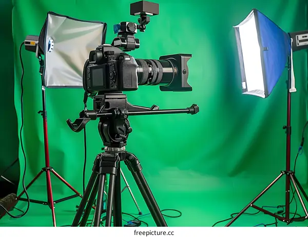Professional DSLR Camera on Tripod with Green Screen Background and Lighting Equipment