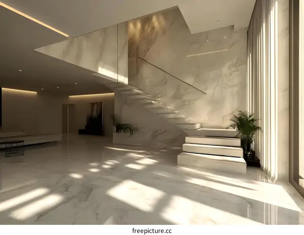 Modern Staircase Interior Design With Marble Walls