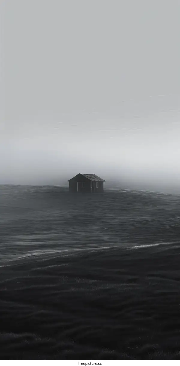 Misty Field and Serene Cabin Solitude