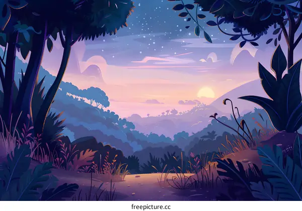 Sunrise Over Lush Green Mountains And Trees Illustration