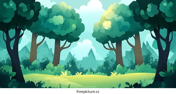 Cartoon Forest Landscape With Green Trees