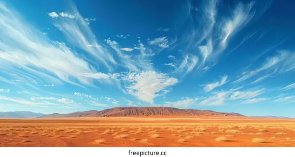 A vast desert landscape with a large mountain in the distance