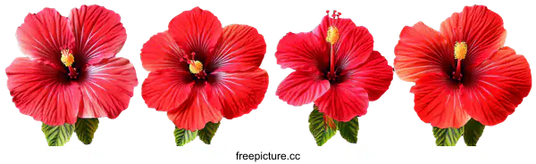 [Transparent Background PNG]Four Vibrant Red Hibiscus Flowers Against a Dark Background