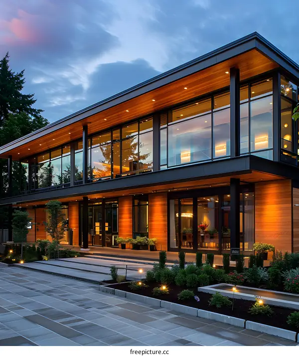 A modern house with large windows and a wooden exterior