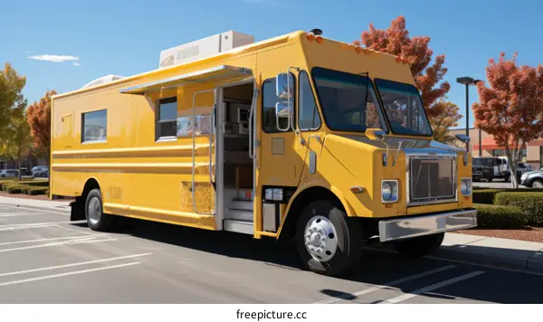 Yellow food truck parked in a parking lot