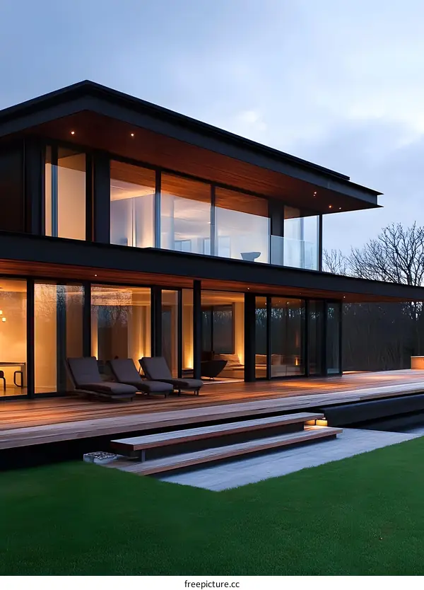 Modern Black and Wood House with Deck and Lawn