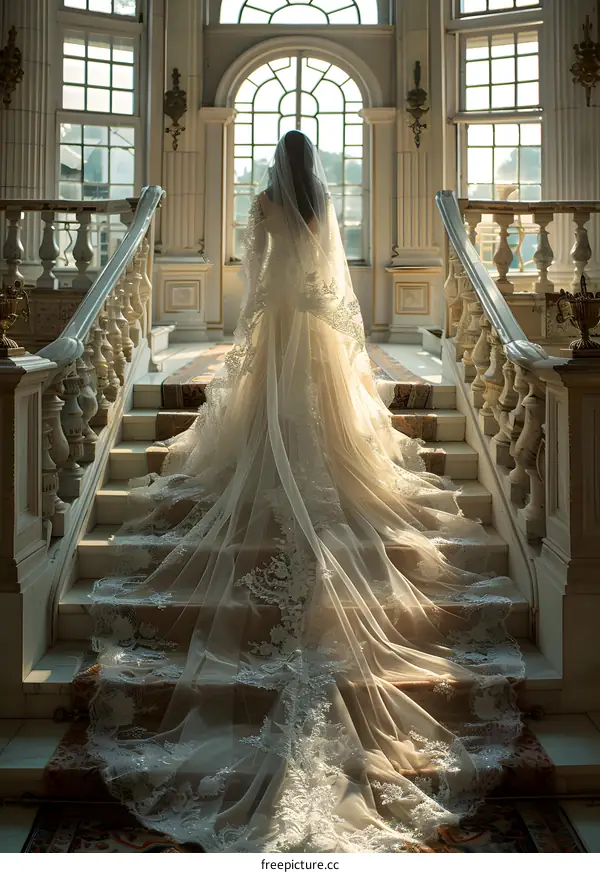 A bride in a white dress is walking up a grand staircase.